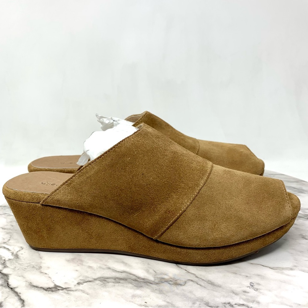 Chocolat Blu Yoana Brown Suede Peep Toe Wedge Mules 7 Bohemian Lagenlook Classic - Picture 2 of 16